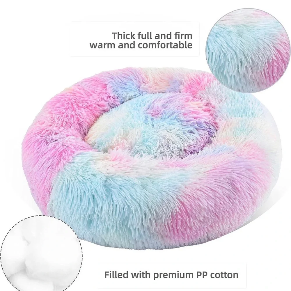 Dog bed new 18 inches wide fluffy thick soft rainbow donut bed cat bed n…
